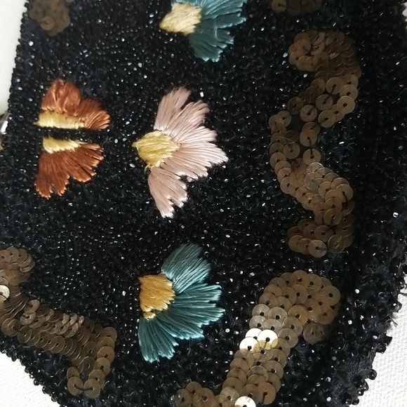 Vintage Black Beaded and Floral Embroidered Clutch Wrislet Purse - Picture 2 of 12